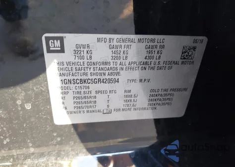 2016 Chevrolet Tahoe Lt z USA, uszkodzony, nr VIN 1GNSCBKC5GR420594